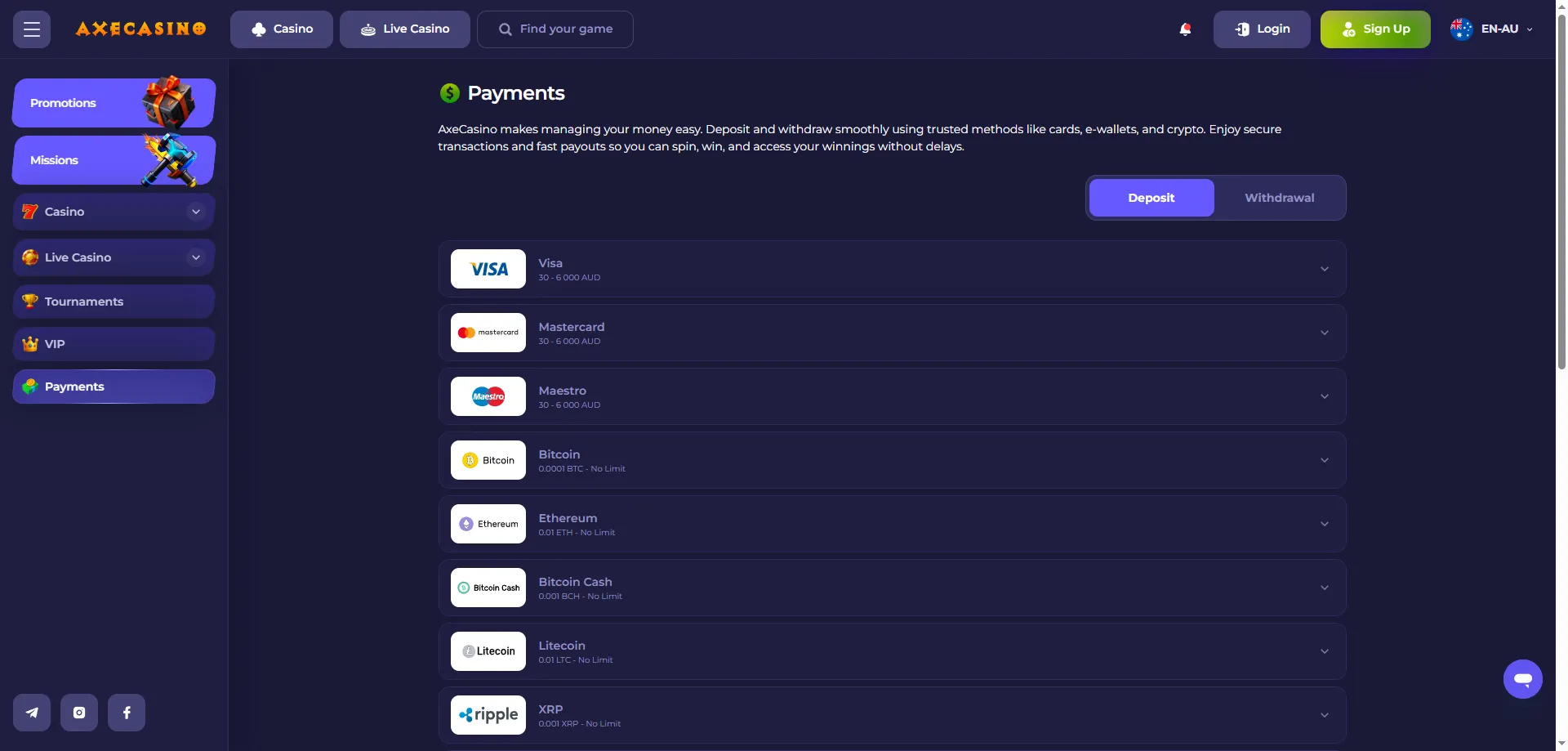 AxeCasino payment methods